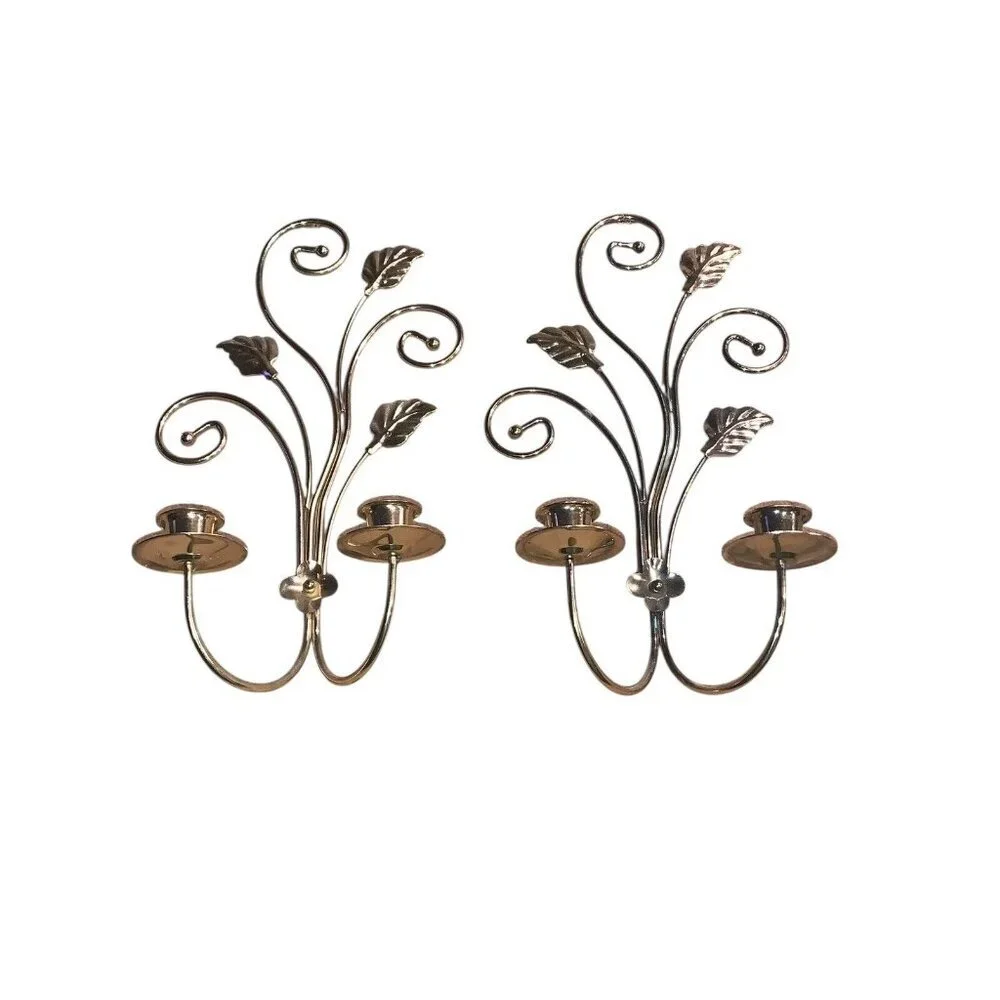 Vintage Set Of 2 Beautiful Gold Sconces Candle Holders With Leaves Wall‎ Hanging